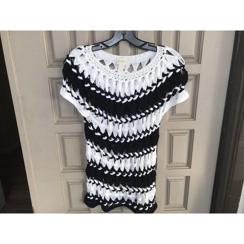 Chicos Crochet Sweater Sz1 Wht/Blk Short Sleeves Round Neck Pre-Owned